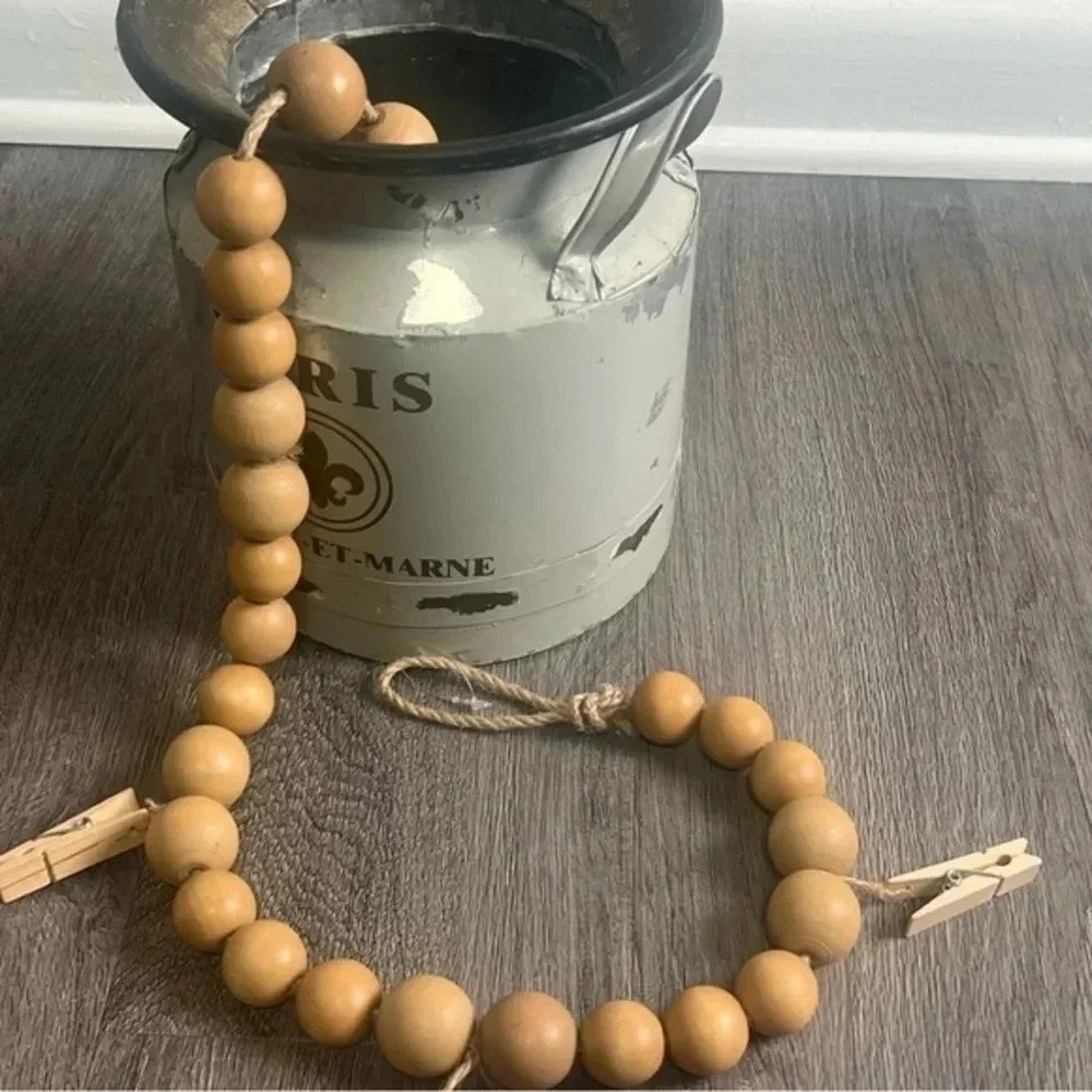 Wood Bead Garland with Clothes Pin Photo/Card Holders, One Size, Natural Color